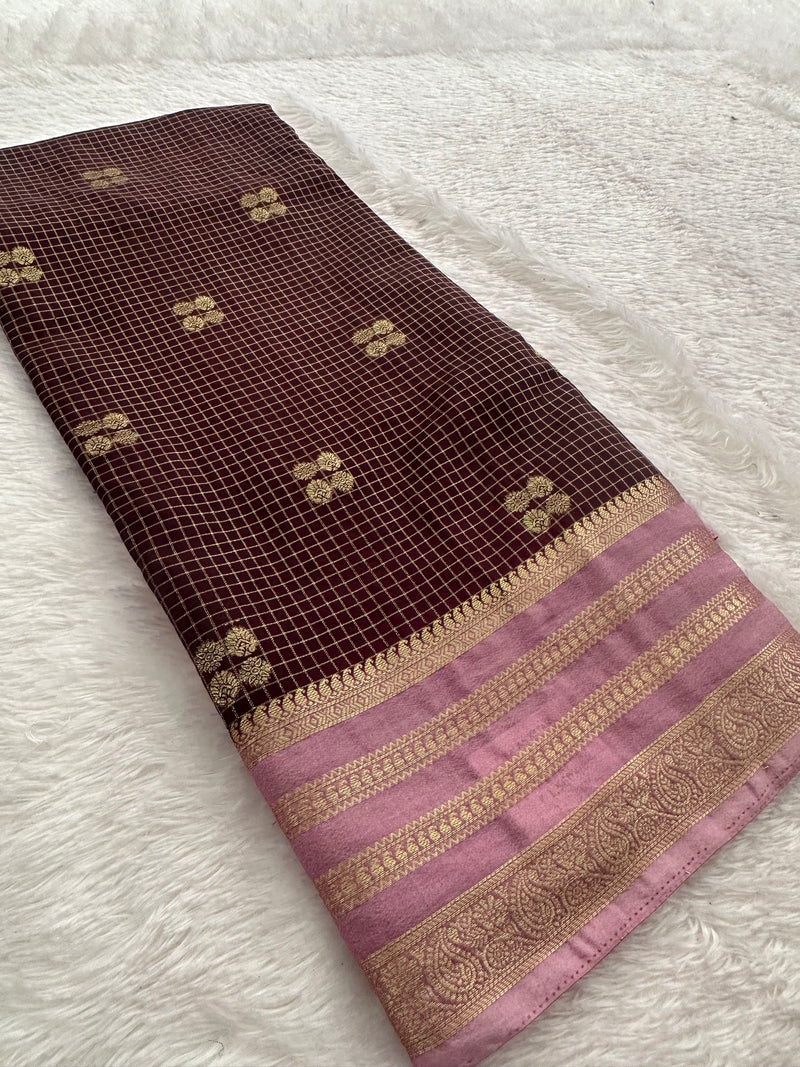 Semi Crepe Checks Saree - Brown x Pink AU25