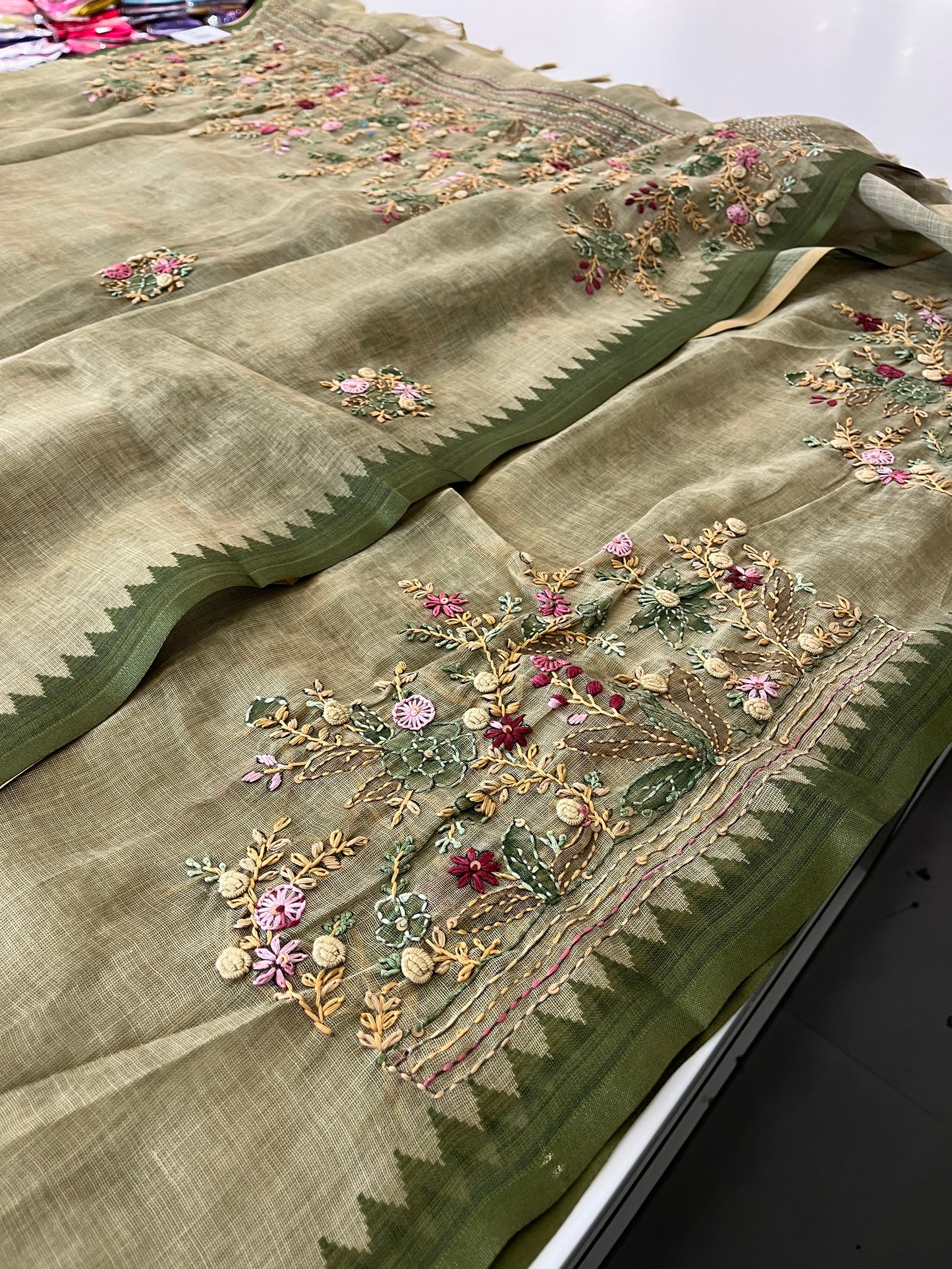Designer linen  saree full embroidery