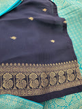 Sapphire Blue x Navy Blue Tussar Designer Saree with Mango Butta All Over JU24