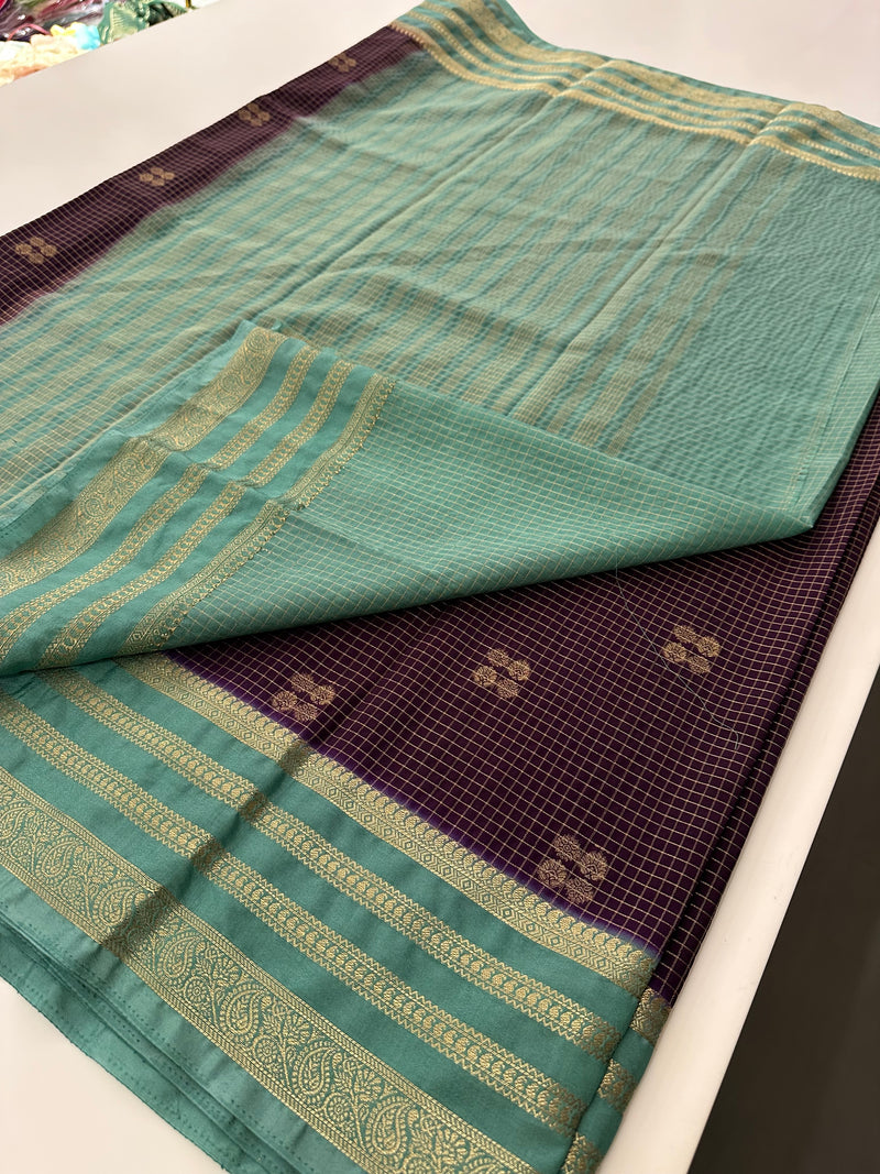 Semi Mysore Silk Checks Saree with Butta-AU16
