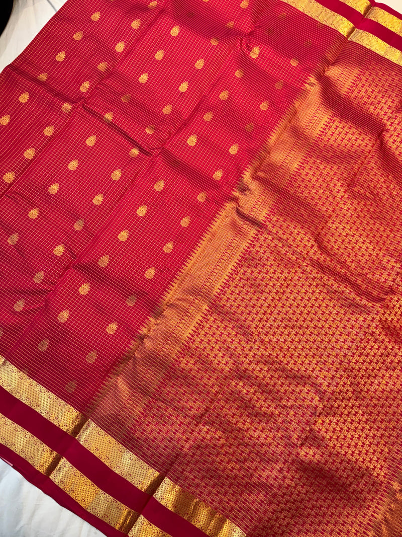 RANI PINK GOLD JARI MICRO CHECKS AND SMALL BUTTIES WITH BENTEX BORDER PUREMIX KANCHI SILK SAREE