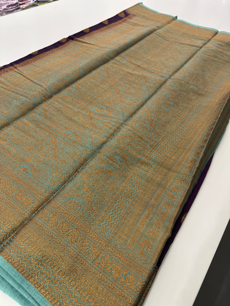 Purple x Pastel Blue Tussar Cotton Saree with Double Leaf Butta All Over JU24