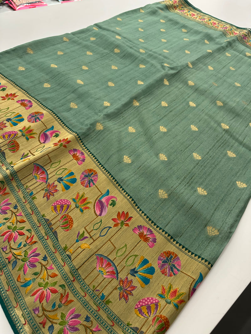 Pista Green Pure Tussar Paithani Designer Saree - AU12
