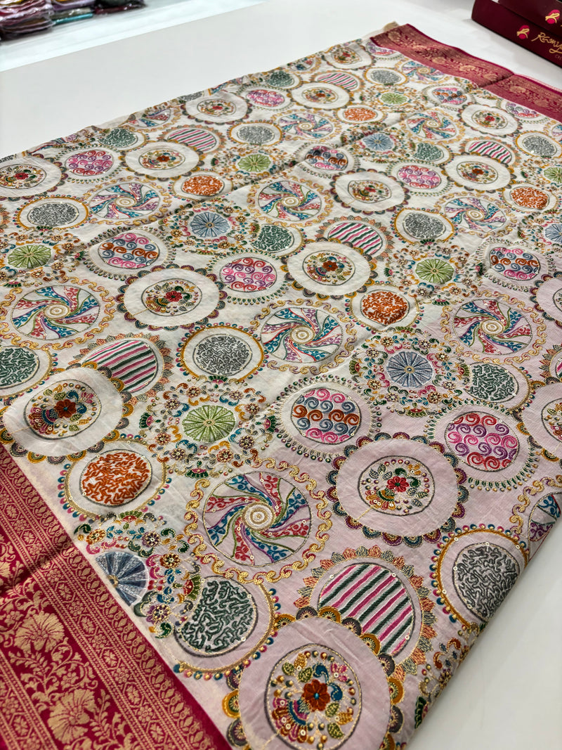 Pashmina silk sari with aari work round designs all over and contrast pink blouse🌹-AU2