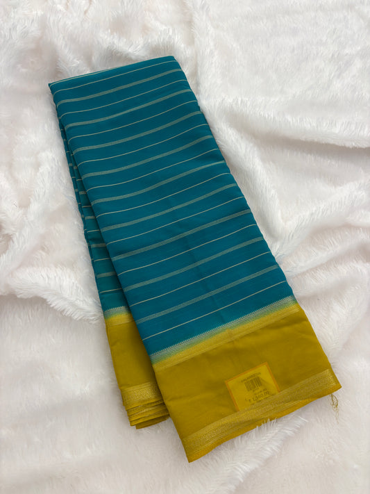 Blue X Yellow Striped Soft Semi Mysore Silk Saree-J111