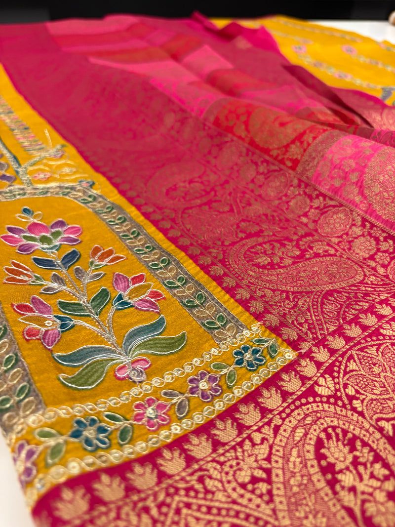 JU17 - Mustard Yellow Pashmina Designer Saree with Aari Work & Pink Zari Border