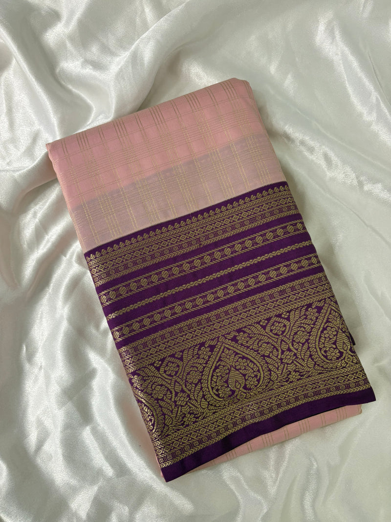 JU18 - Baby Pink X Purple Checks Semi Silk Saree