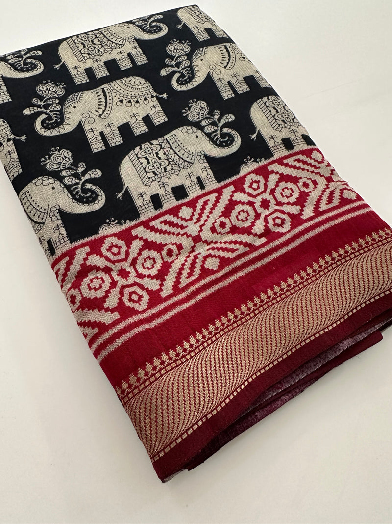 Black X Red Soft Printed Kalamkari Chanderi Saree
