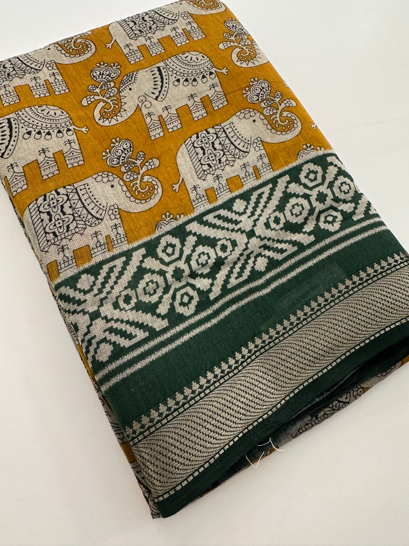 Yellow X Green Soft Printed Kalamkari Chanderi Saree