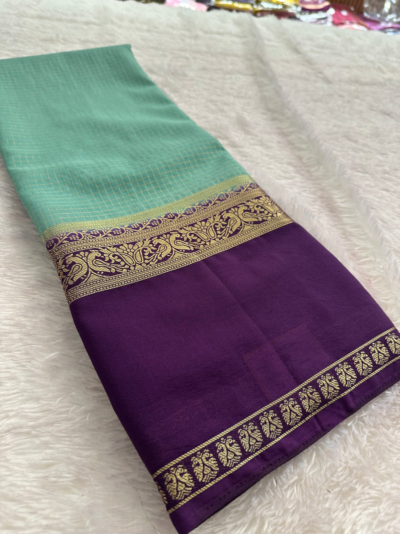 Crepe Silk Sarees in Gold weaving and Big Bentex Border,, comes in checkered pattern and contrast blouse piece 🌹