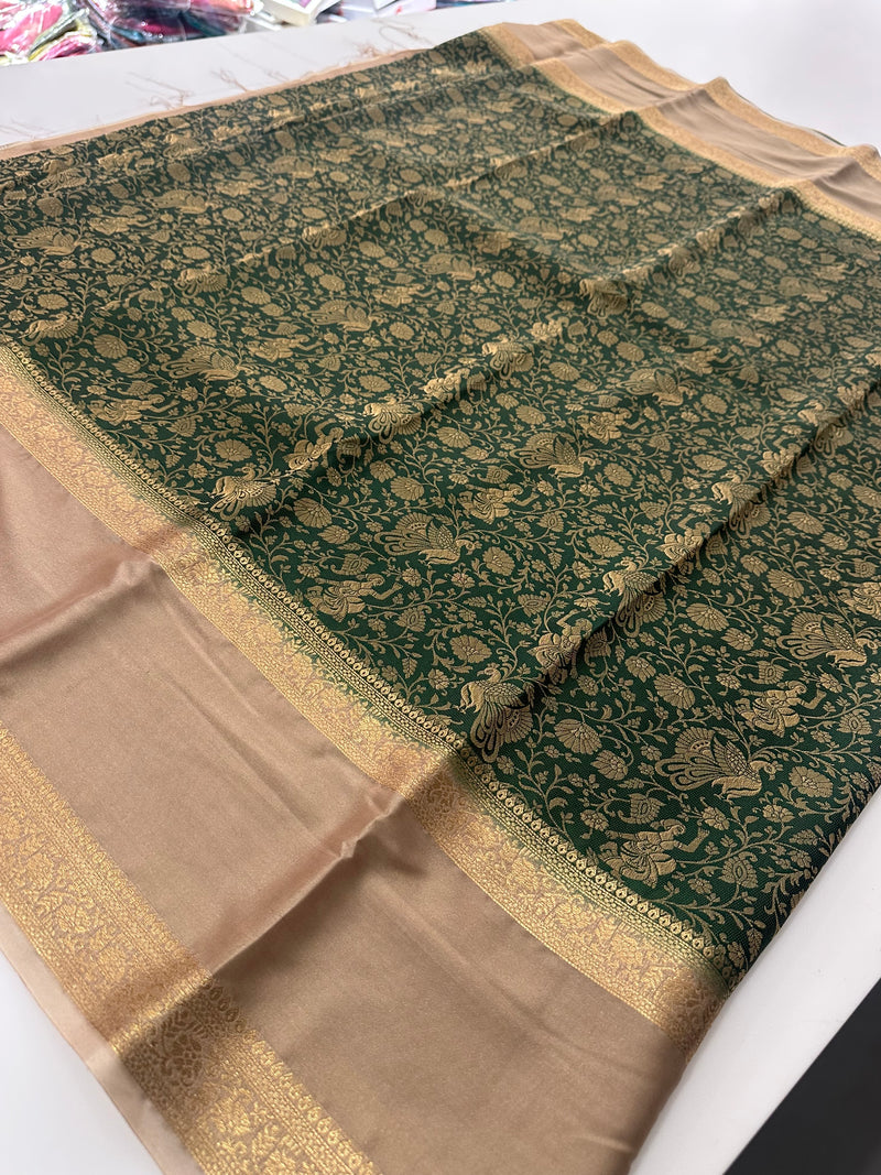 Crepe Silk Brocade Fancy Saree,, contrast border and contrast blouse piece 🌹 - AU10
