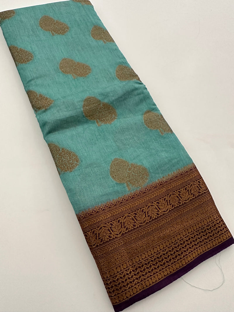 Pastel Blue x Purple Tussar Cotton Saree with Double Leaf Butta All Over JU24