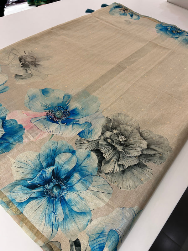 Digital floral Printed Tussar Saree,, contrast butti blouses🌹/- AU12