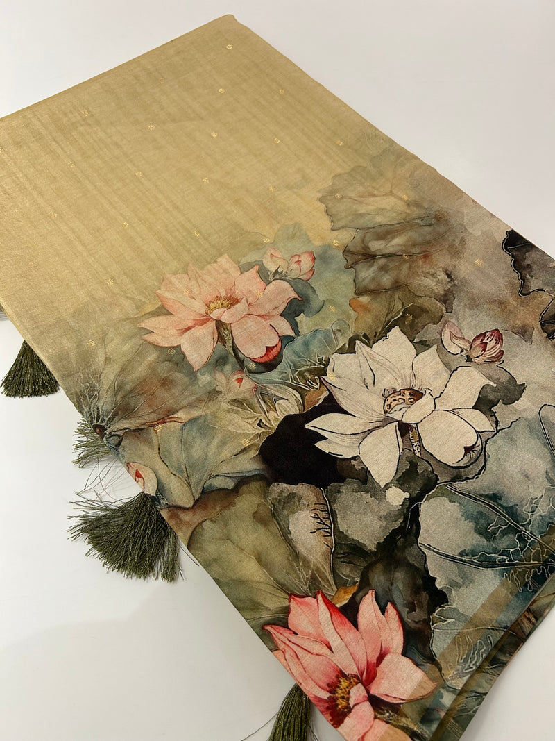 Digital floral Printed Tussar Saree,, contrast butti blouses🌹  1700/- AU12