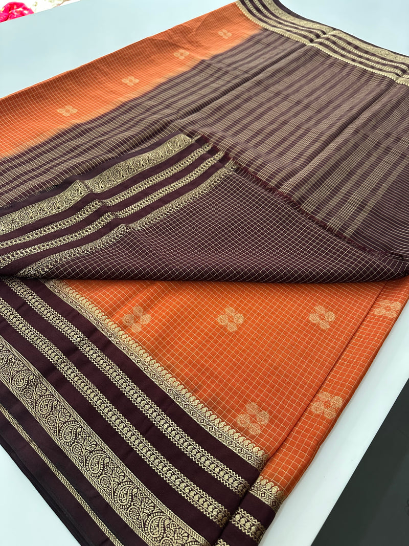 Semi Mysore Silk Checks Saree with Butta-AU16