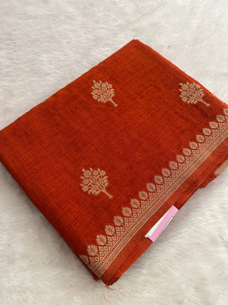 Rust Orange Linen Heritage Designer Saree with Butta - AU18