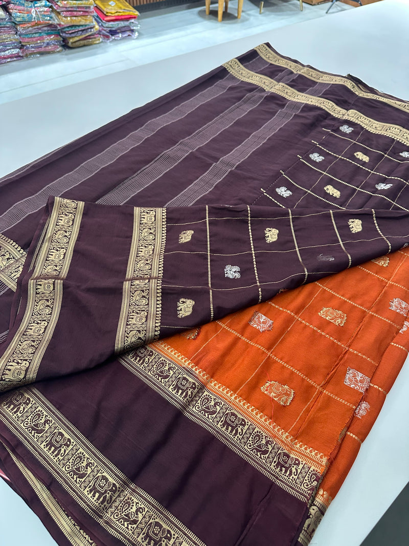 Premium Semi Mysore Silk sarees with silver and gold weavings and contrast blouse piece🌹-AU9