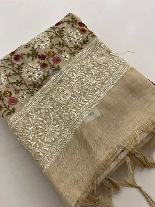 Linen embroidery fancy saree