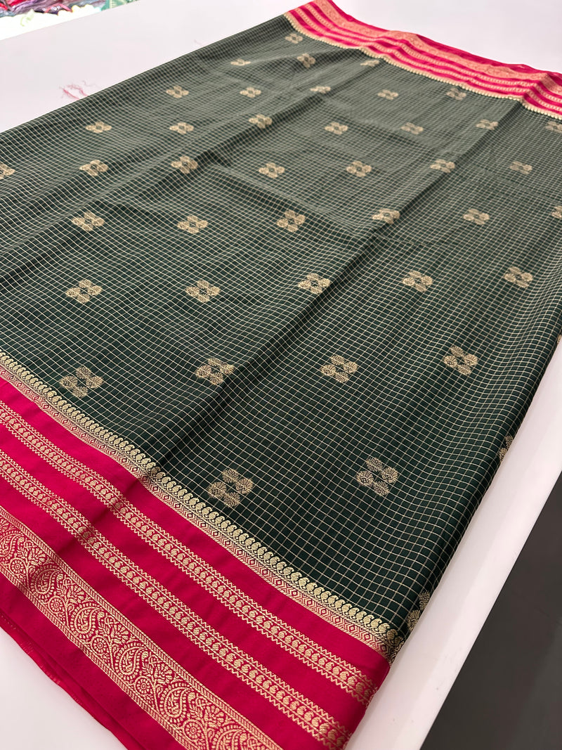 Semi Mysore Silk Checks Saree with Butta-AU16