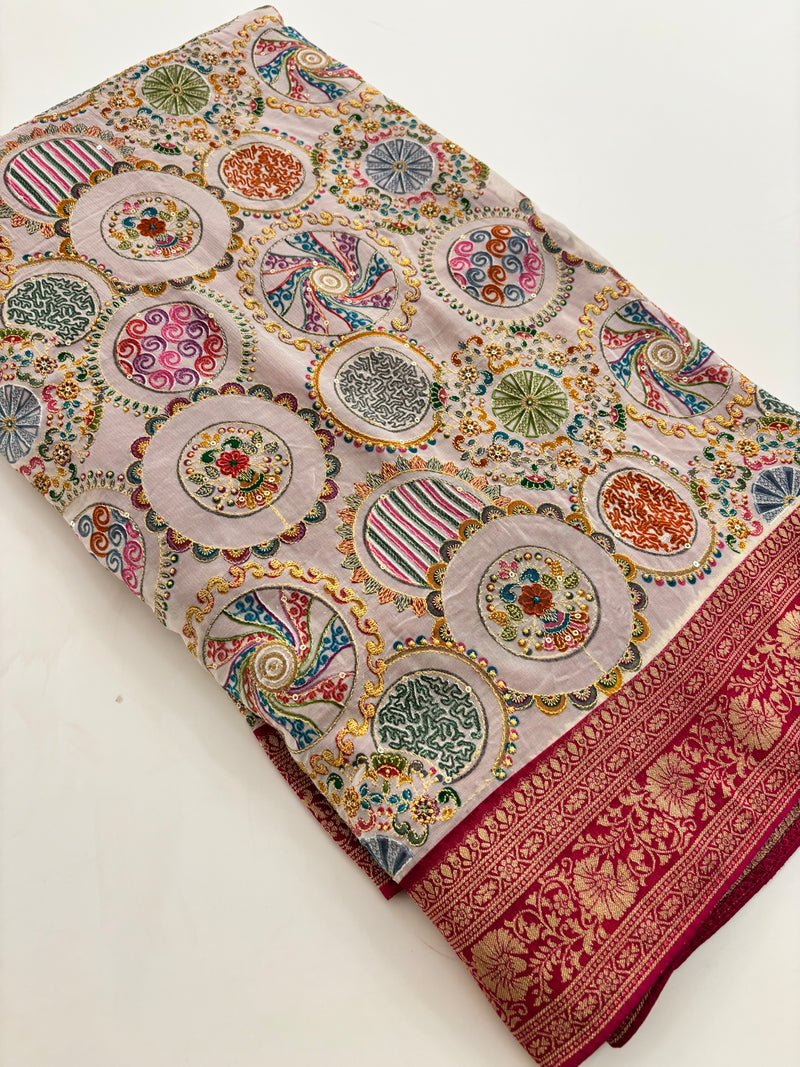 Pashmina silk sari with aari work round designs all over and contrast pink blouse🌹-AU2