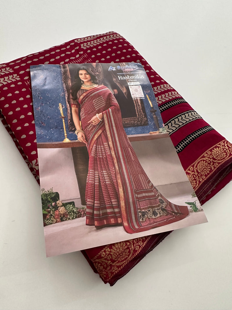 Soft Lightweight Printed Cotton Saree - Maroon Abstract Print - AU27
