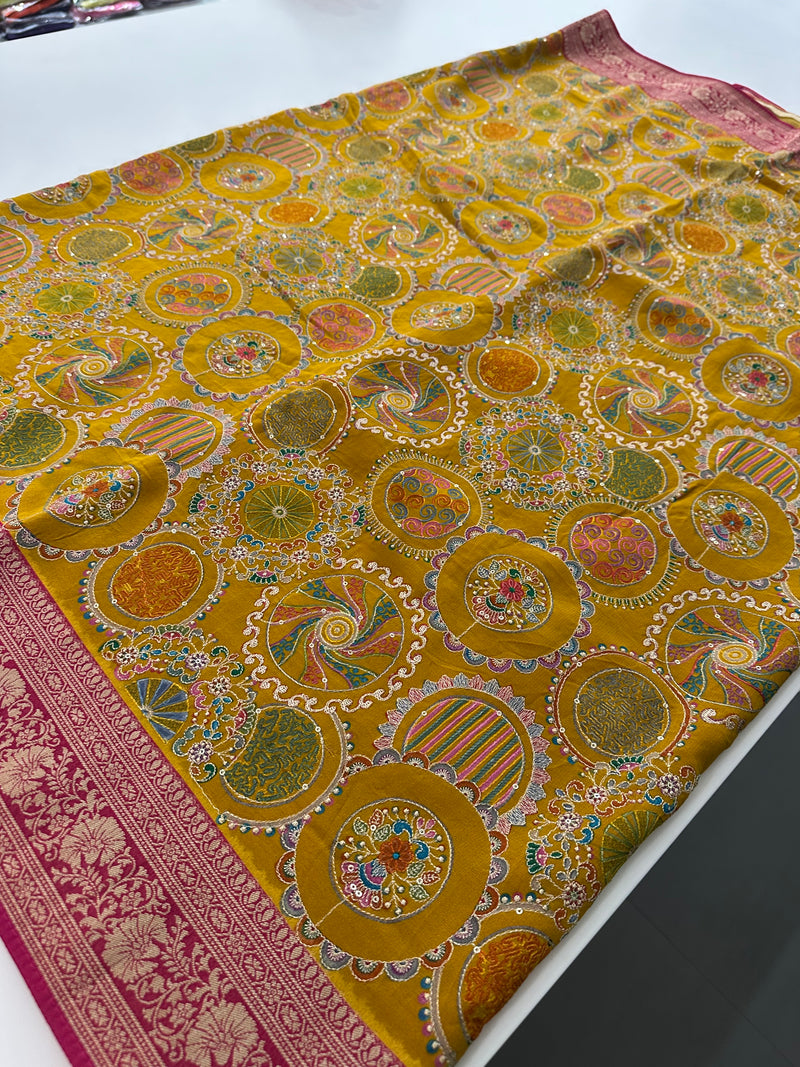 Pashmina silk sari with aari work round designs all over and contrast pink blouse🌹-AU6
