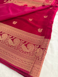 Rani pink crepe banaras saree with peacock buttas and big rich border,, comes with fancy self blouse,, beautiful feel fall fabric🌹 🌹-AU3
