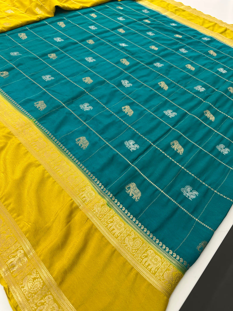 Premium Semi Mysore Silk sarees with silver and gold weavings and contrast blouse piece🌹-AU9