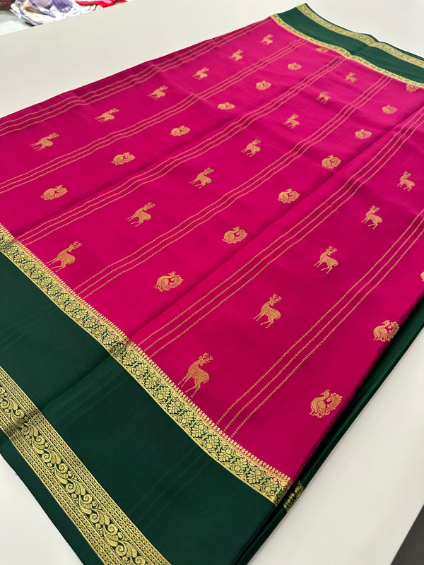 Rani Pink x Bottle Green 120 GSM Mysore Crepe Silk Saree - AU8