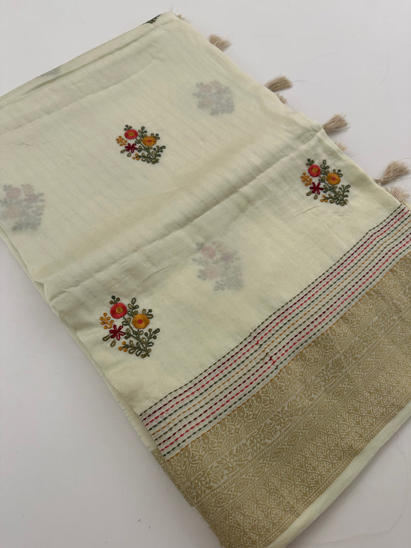 Pure Tussar Silk With Katha Work and Embroidery Buttas in Premium Finishing🦋 🌹-JU16