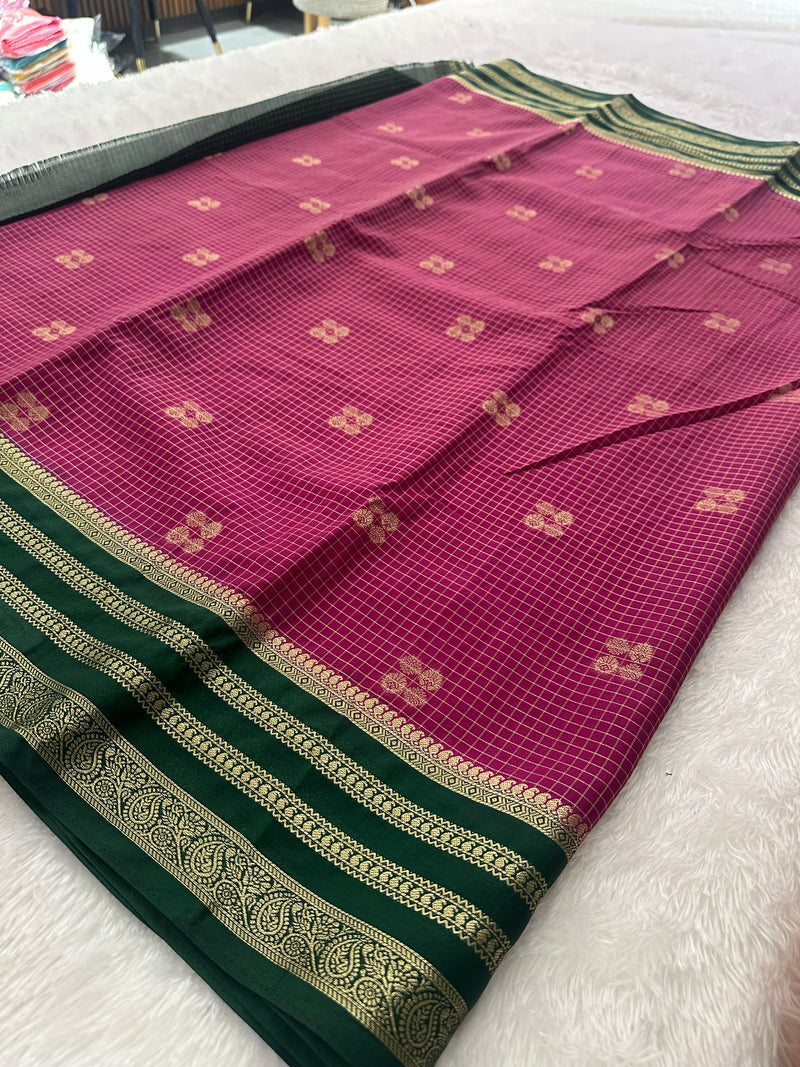 Semi Crepe Checks Saree - Magenta x Green AU25