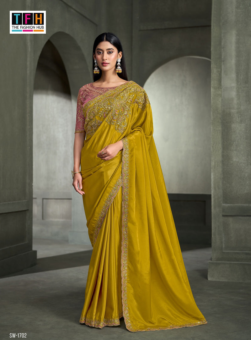 SW-1702 — MUSTARD MEHNDI CRAPE SILK SAREE & BANGLORE WORK BLOUSE