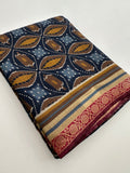 Soft Lightweight Printed Cotton Saree - Blue Mustard Yellow Print - AU27