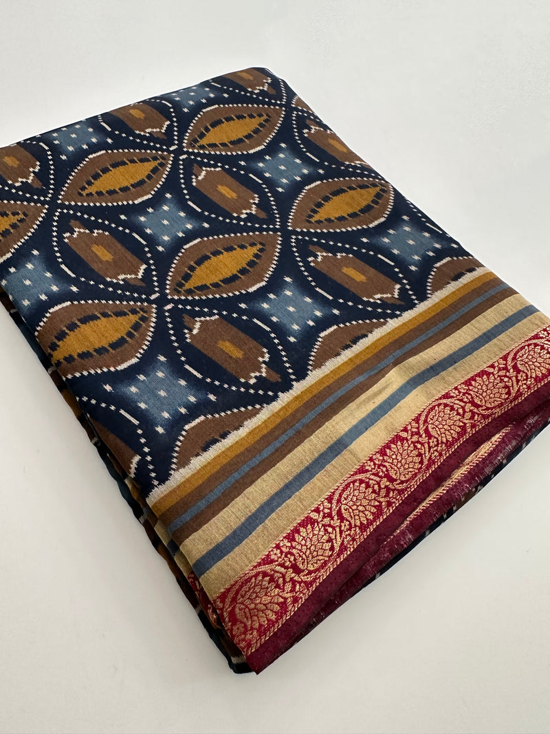 Soft Lightweight Printed Cotton Saree - Blue Mustard Yellow Print - AU27