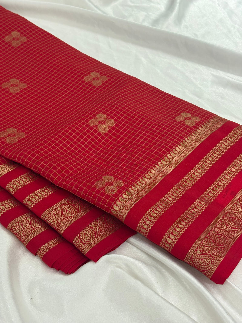 Red Semi Mysore Silk Checks Saree with Butta - AU13