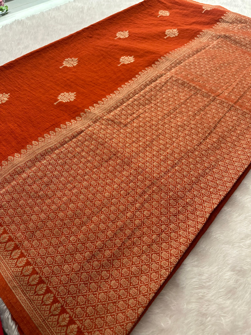 Rust Orange Linen Heritage Designer Saree with Butta - AU18