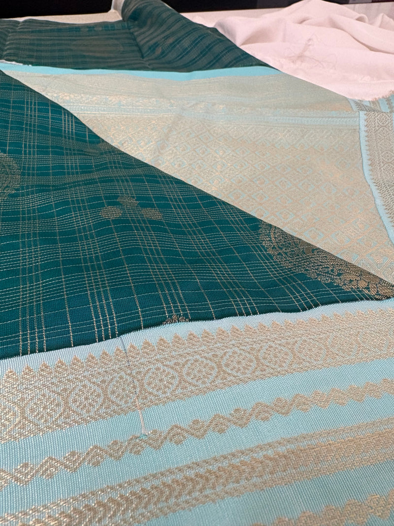 JU18 - Peacock Blue X Pastel Blue Checks Semi Silk Saree