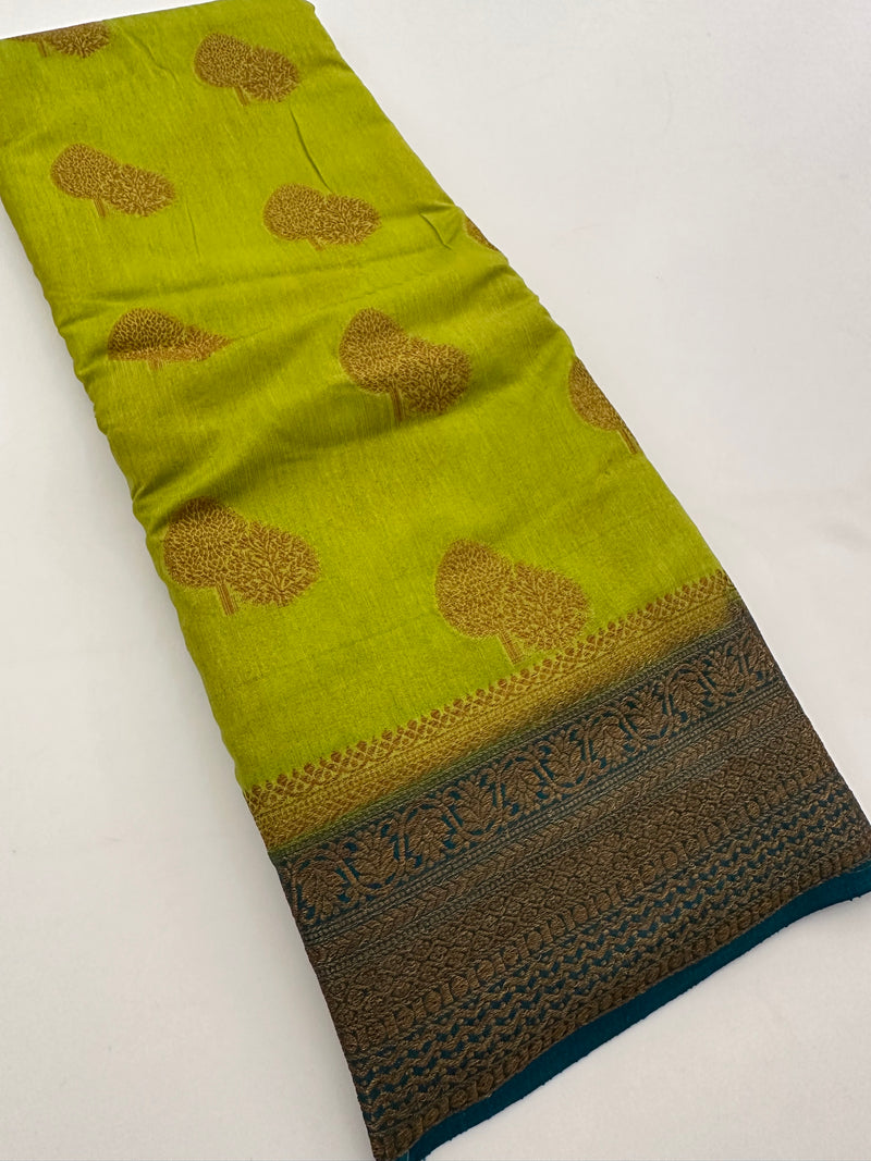 Leaf Green x Blue Tussar Cotton Saree with Double Leaf Butta All Over JU24