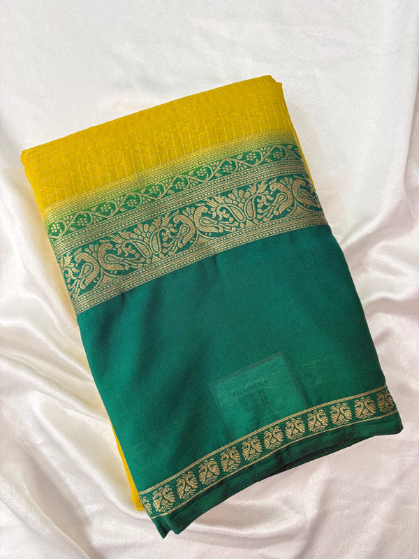 JU22 Yellow Checks Crepe Saree with Green Contrast Border Blouse