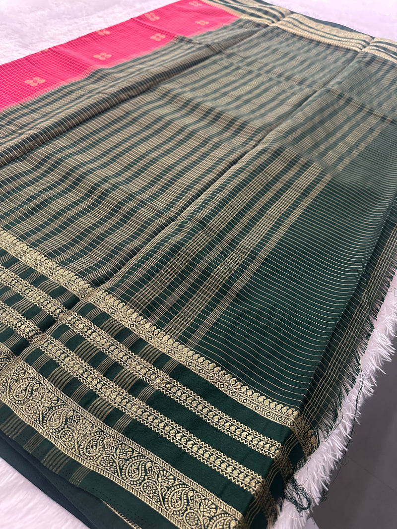 Semi Crepe Checks Saree - Pink x Green AU25