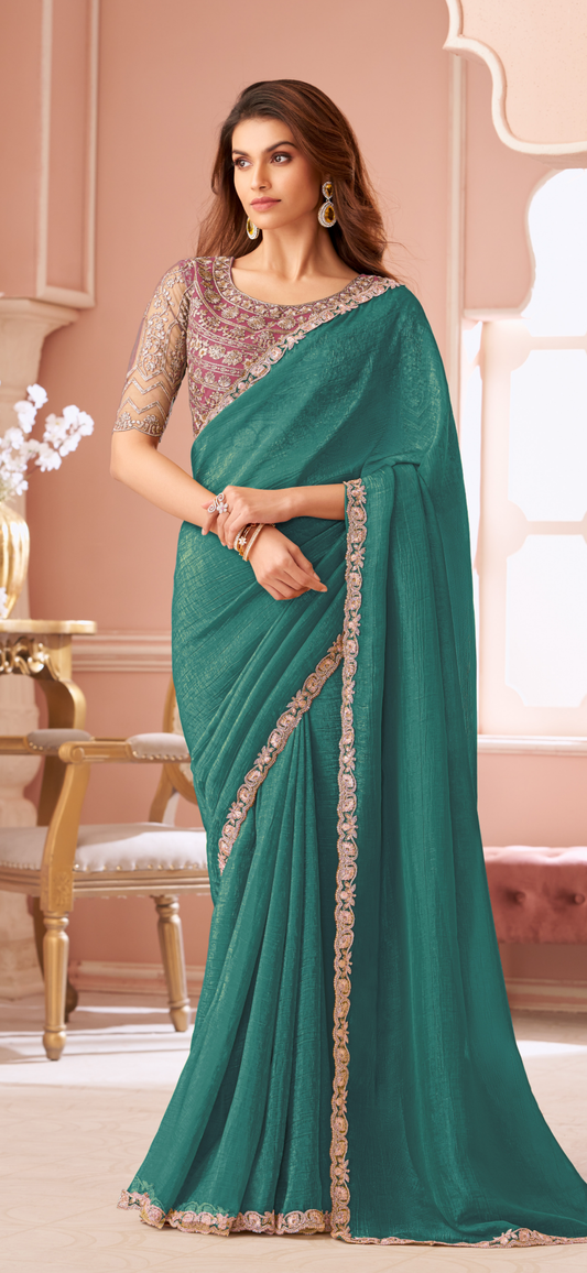 Designer Rama Blue X Pink Georgette Saree