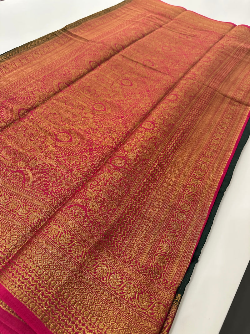 Bottle Green x Pink Tussar Cotton Saree with Double Leaf Butta All Over JU24