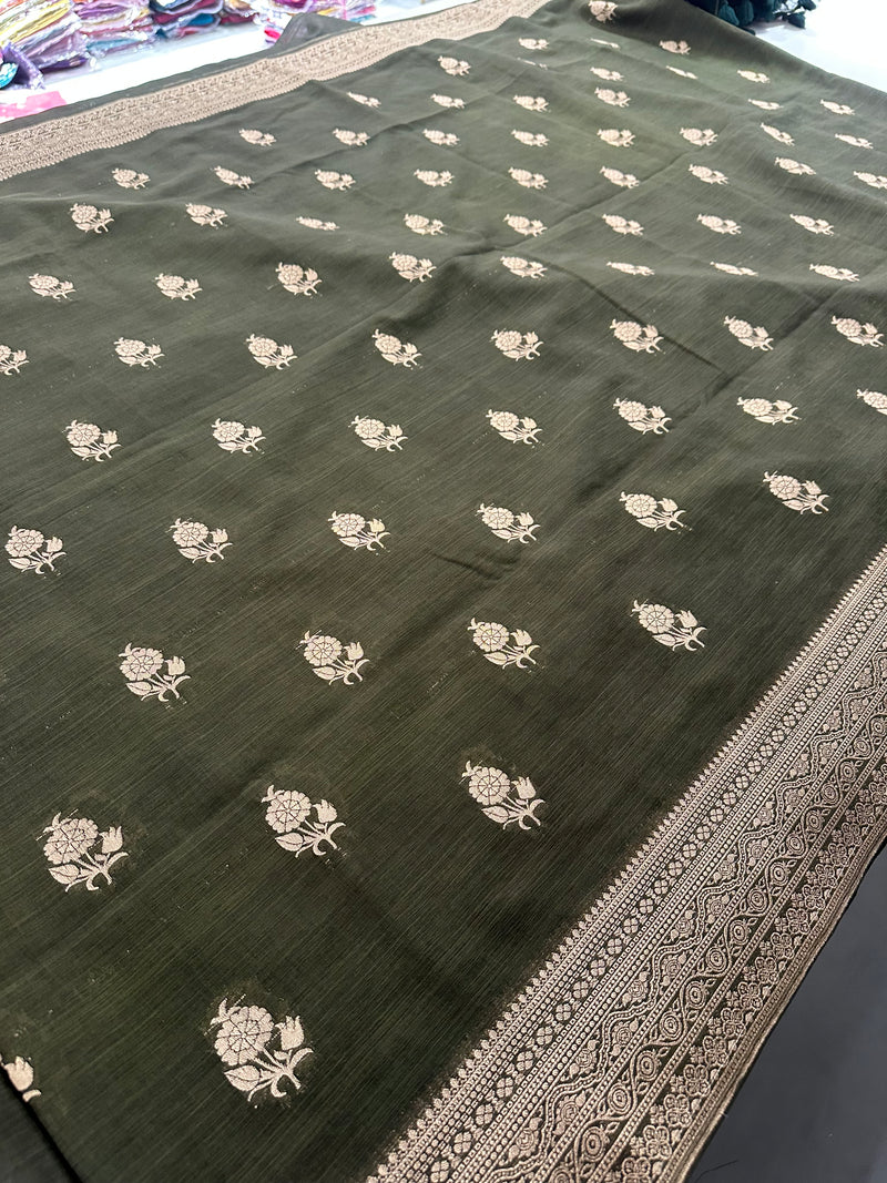 Venkatagiri fancy soft Linen Cotton sarees with self blouse and fancy Border and Butties all over🌹 - AU12