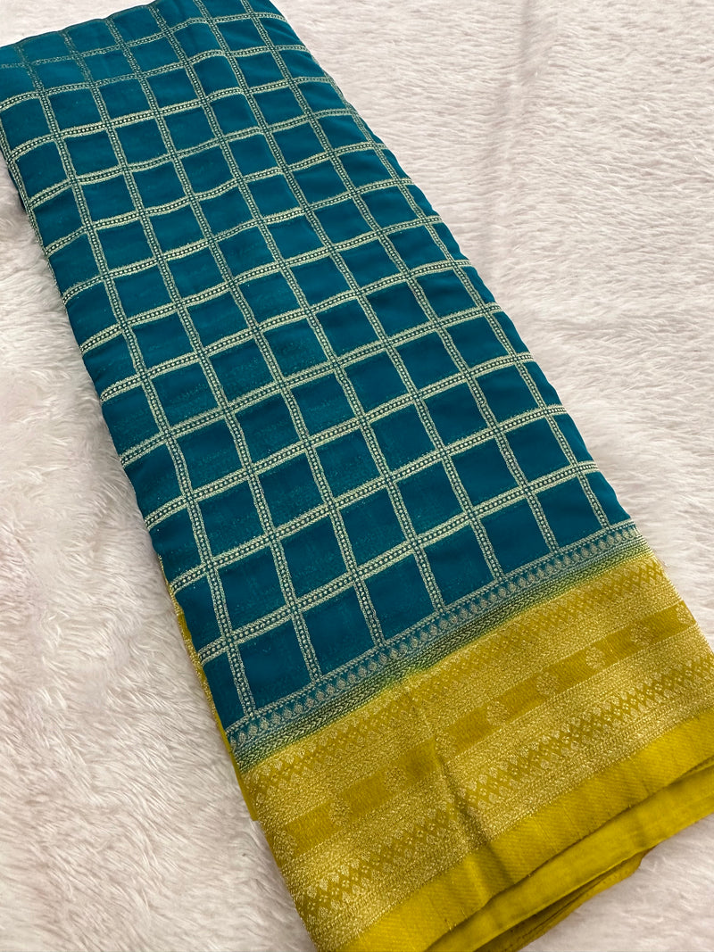 Premium Georgette Sarees In Checks Zari and Small Border with Contrast Blouse Piece 🌹-JU18