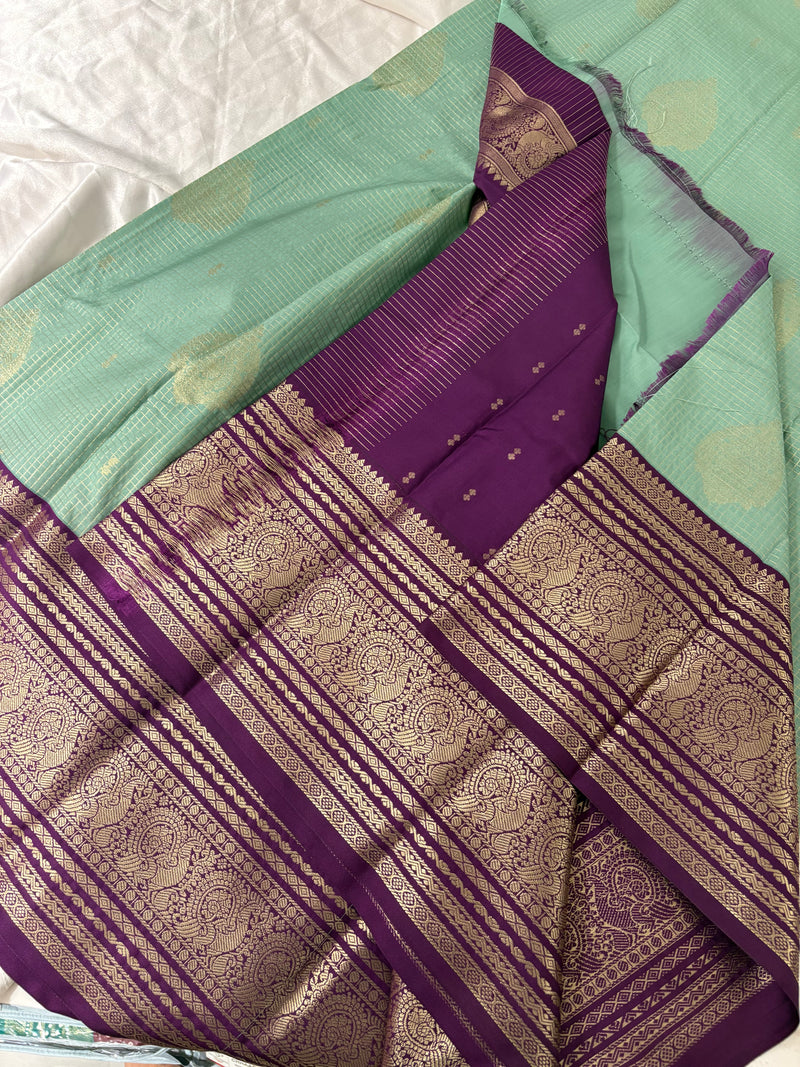 JU18 - Pista X Purple Checks Semi Silk Saree