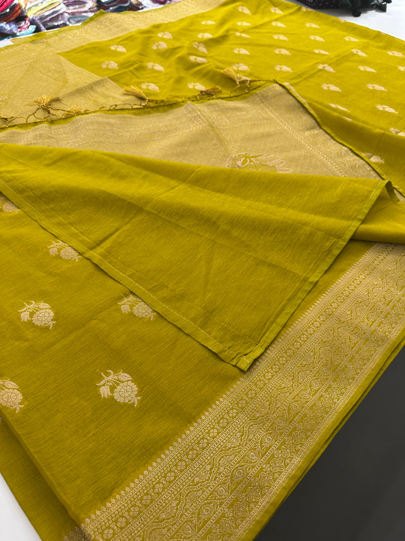 Venkatagiri fancy soft Linen Cotton sarees with self blouse and fancy Border and Butties all over🌹 - AU12