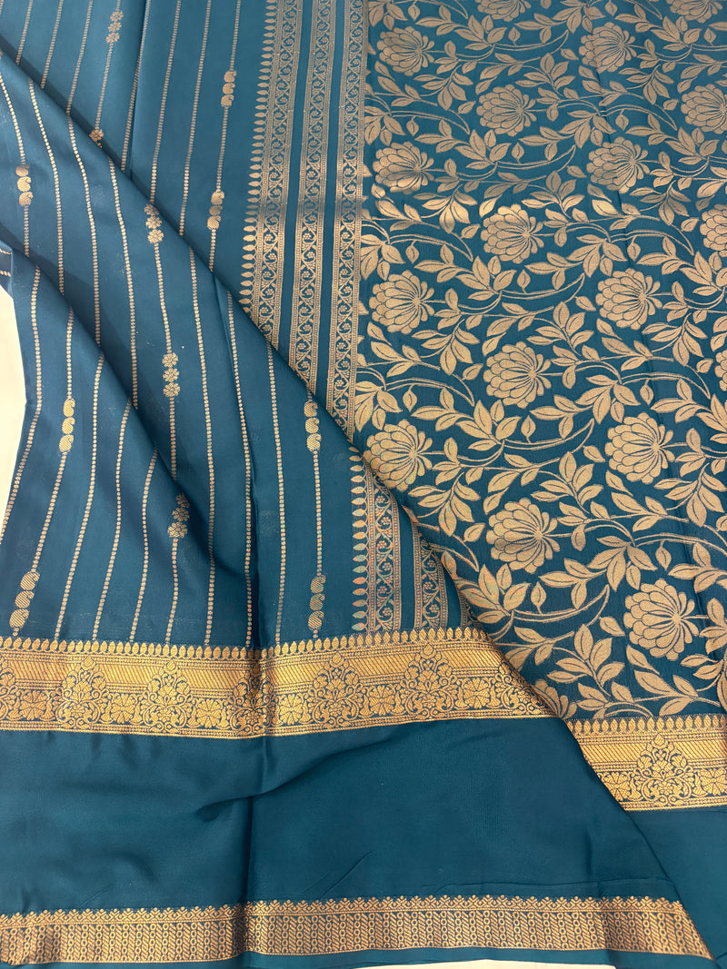 PEACOCK BLUE STRIPE SEMI CREPE SILK SAREE-J17