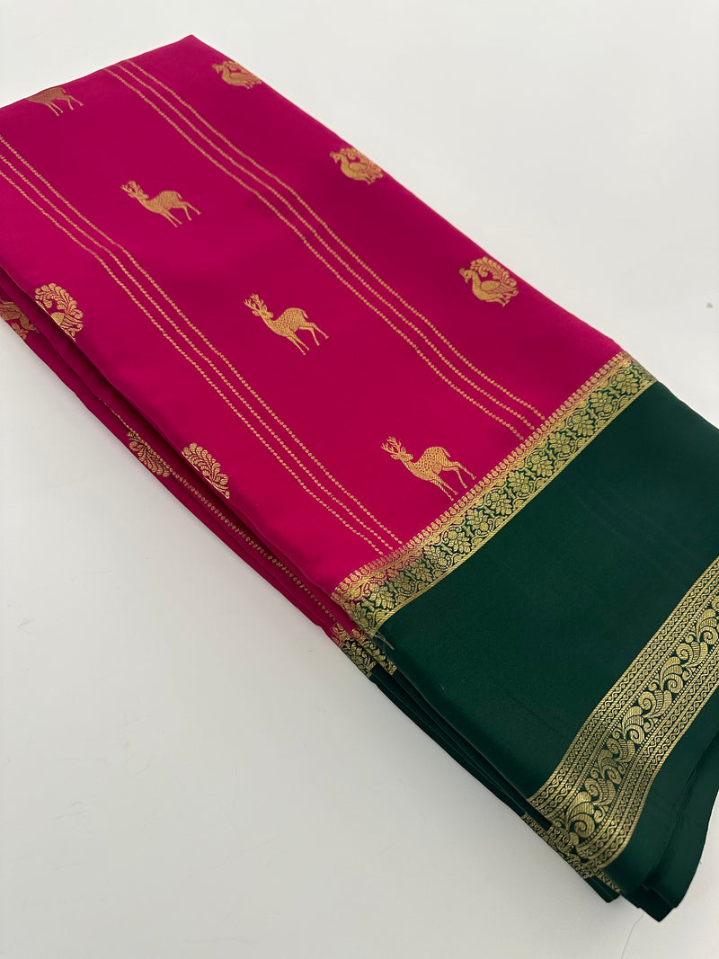 Rani Pink x Bottle Green 120 GSM Mysore Crepe Silk Saree - AU8