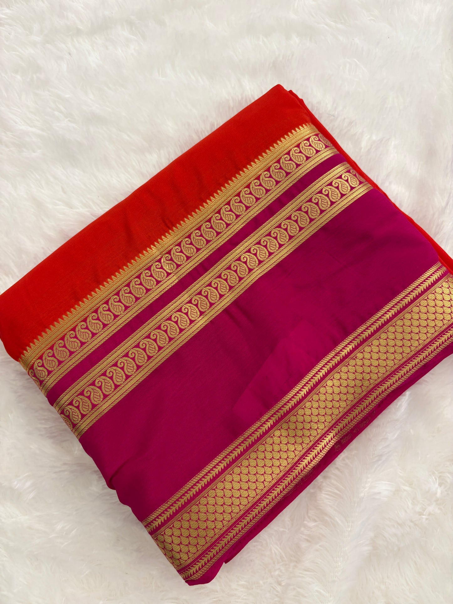 Orange X Pink Bentex Border Semi Mysore Silk Saree-J1111
