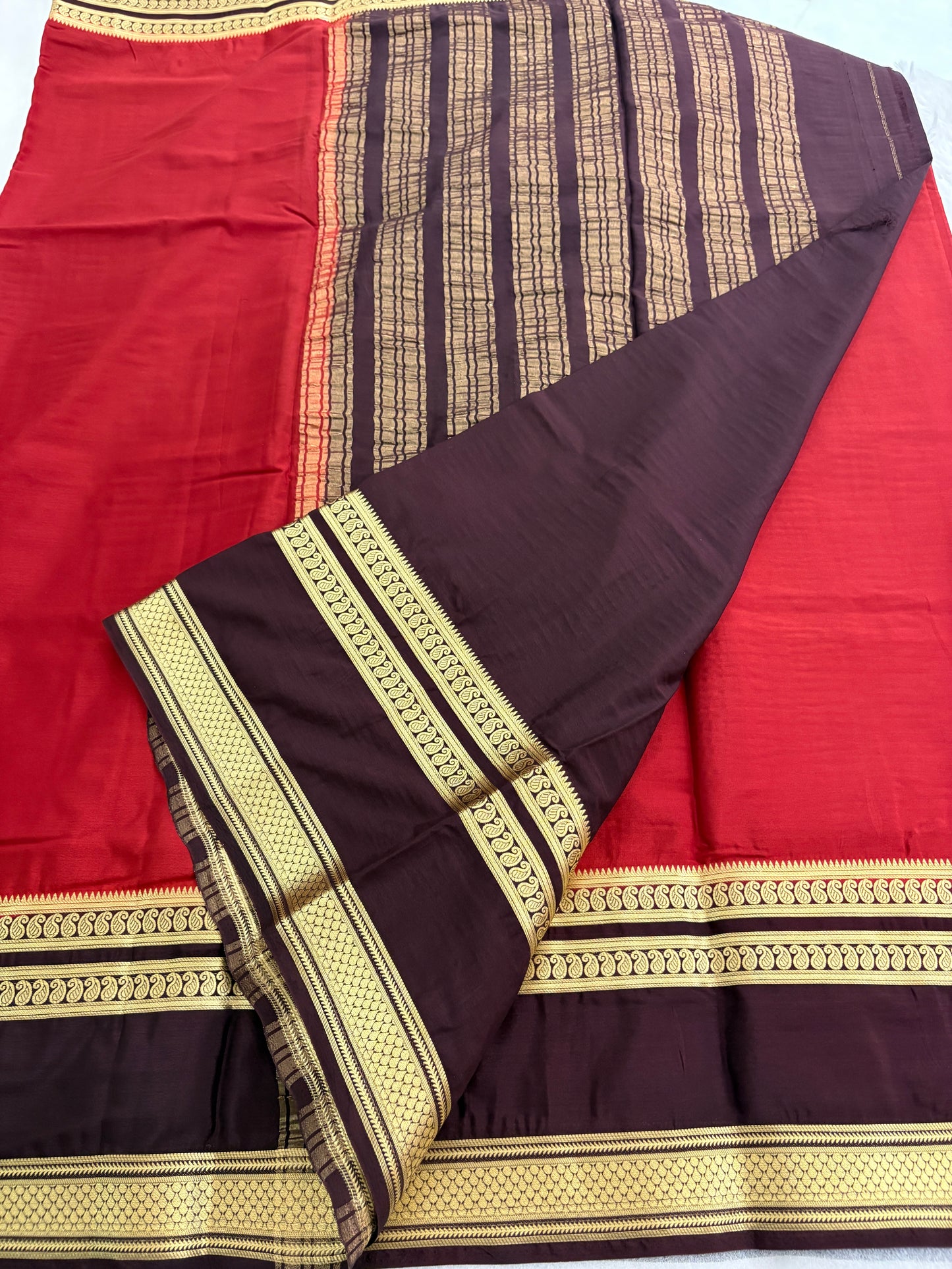 Rust X Dark Brown Bentex Border Semi Mysore Silk Saree-J118